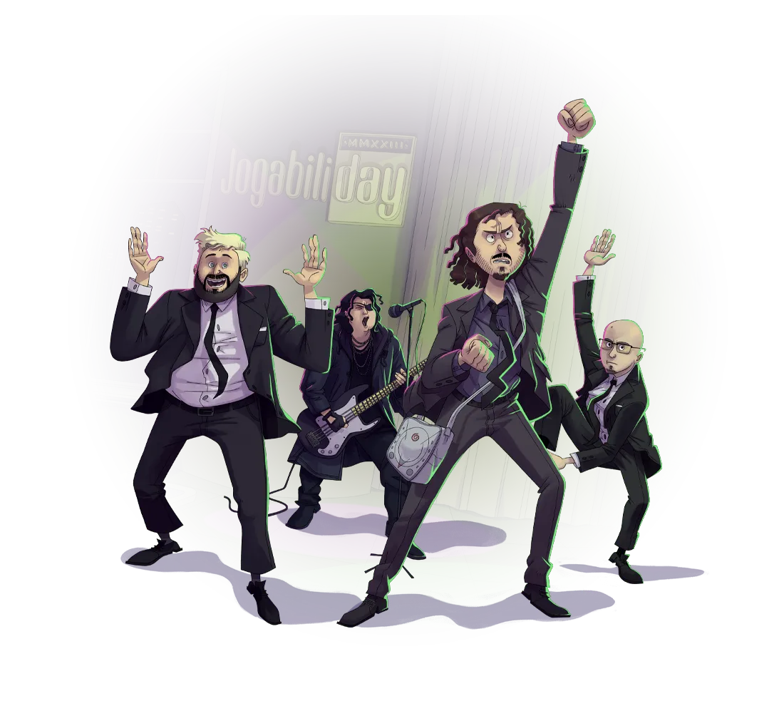 Uma ilustração dos membros do Jogabilidade, desenhados como personagens no universo de Alan Wake 2 realizando uma dança