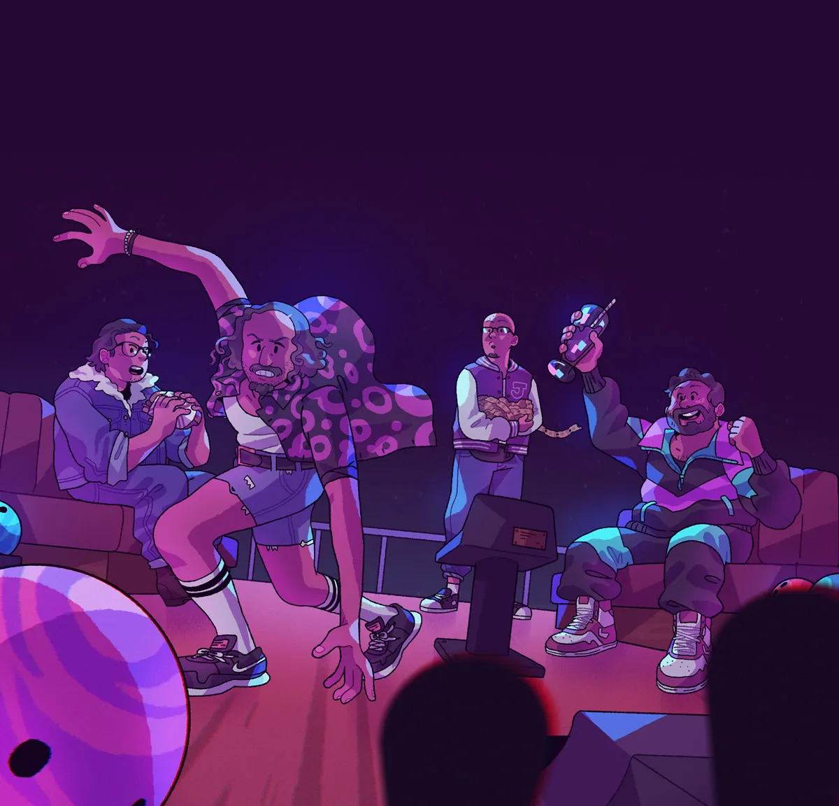 Desenho do Tengu jogando boliche enquanto os jogabilideiros esperam sua vez e torcem por ele